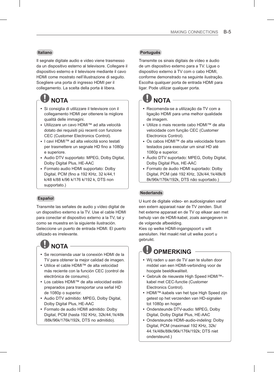 Nota, Opmerking | LG 55LM615S User Manual | Page 233 / 261