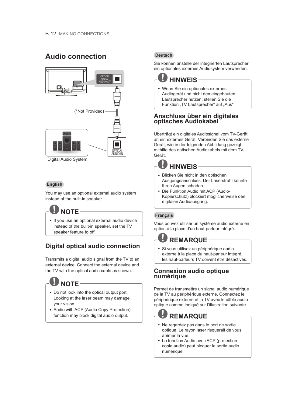 Audio connection, Hinweis, Remarque | Digital optical audio connection, Anschluss über ein digitales optisches audiokabel, Connexion audio optique numérique | LG 55LM615S User Manual | Page 240 / 261