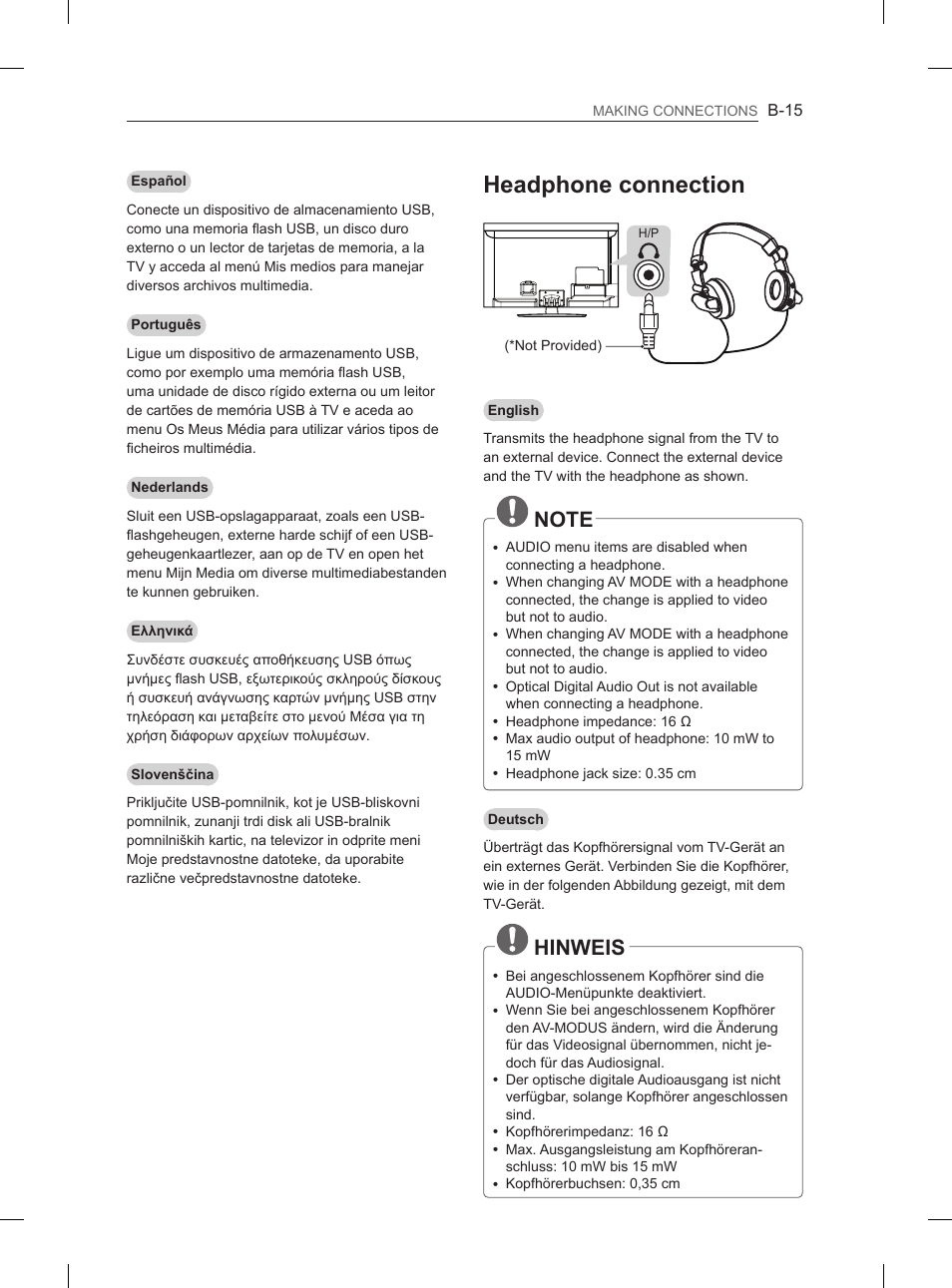 Headphone connection, Hinweis | LG 55LM615S User Manual | Page 243 / 261