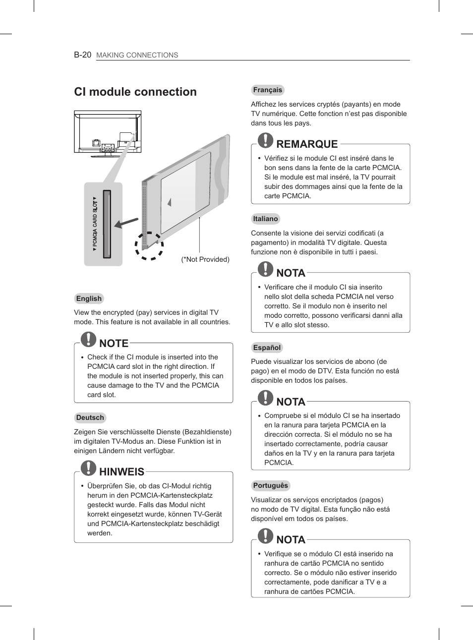 Ci module connection, Hinweis, Remarque | Nota | LG 55LM615S User Manual | Page 248 / 261