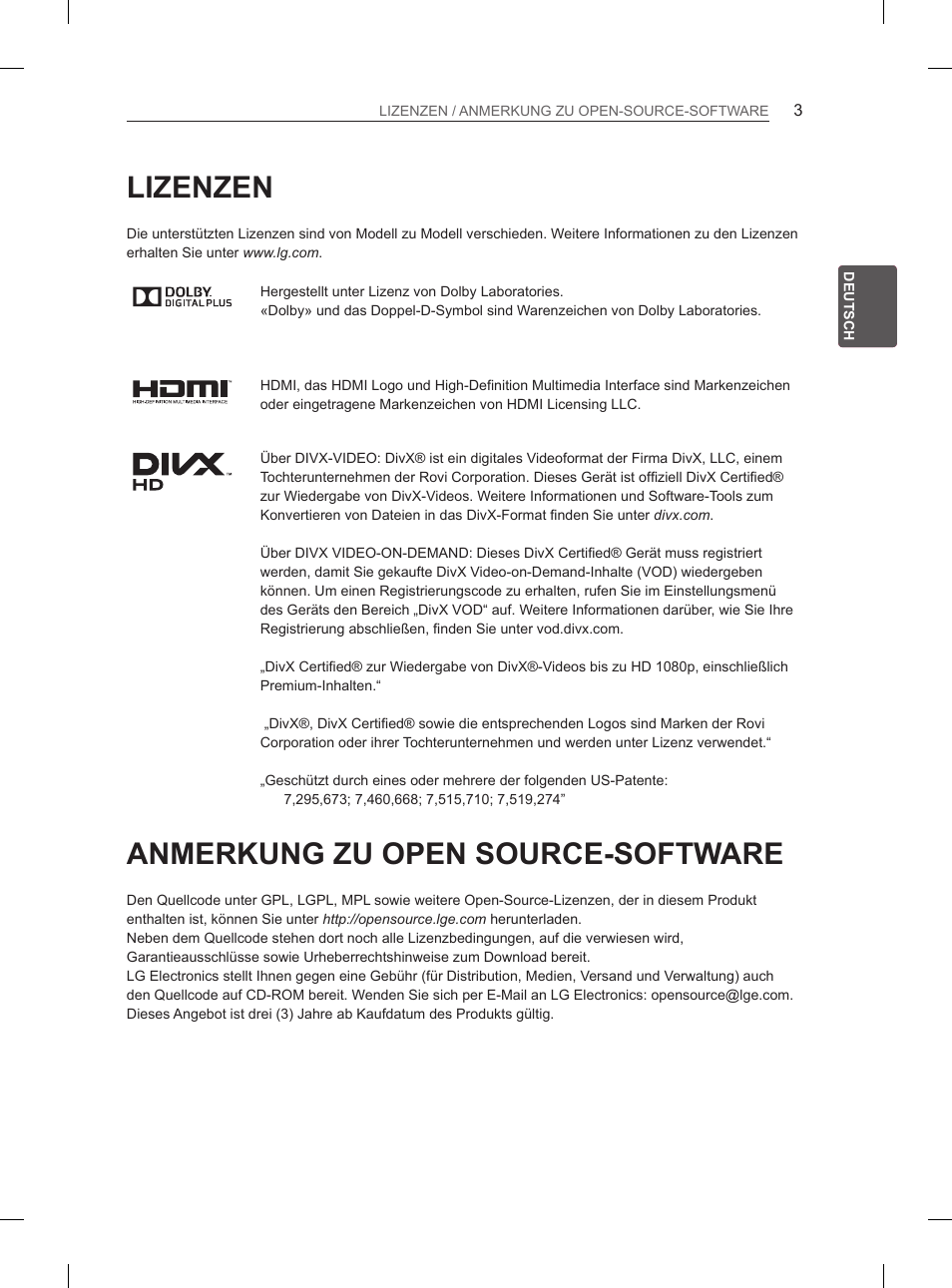 Lizenzen, Anmerkung zu open source-software | LG 55LM615S User Manual | Page 33 / 261