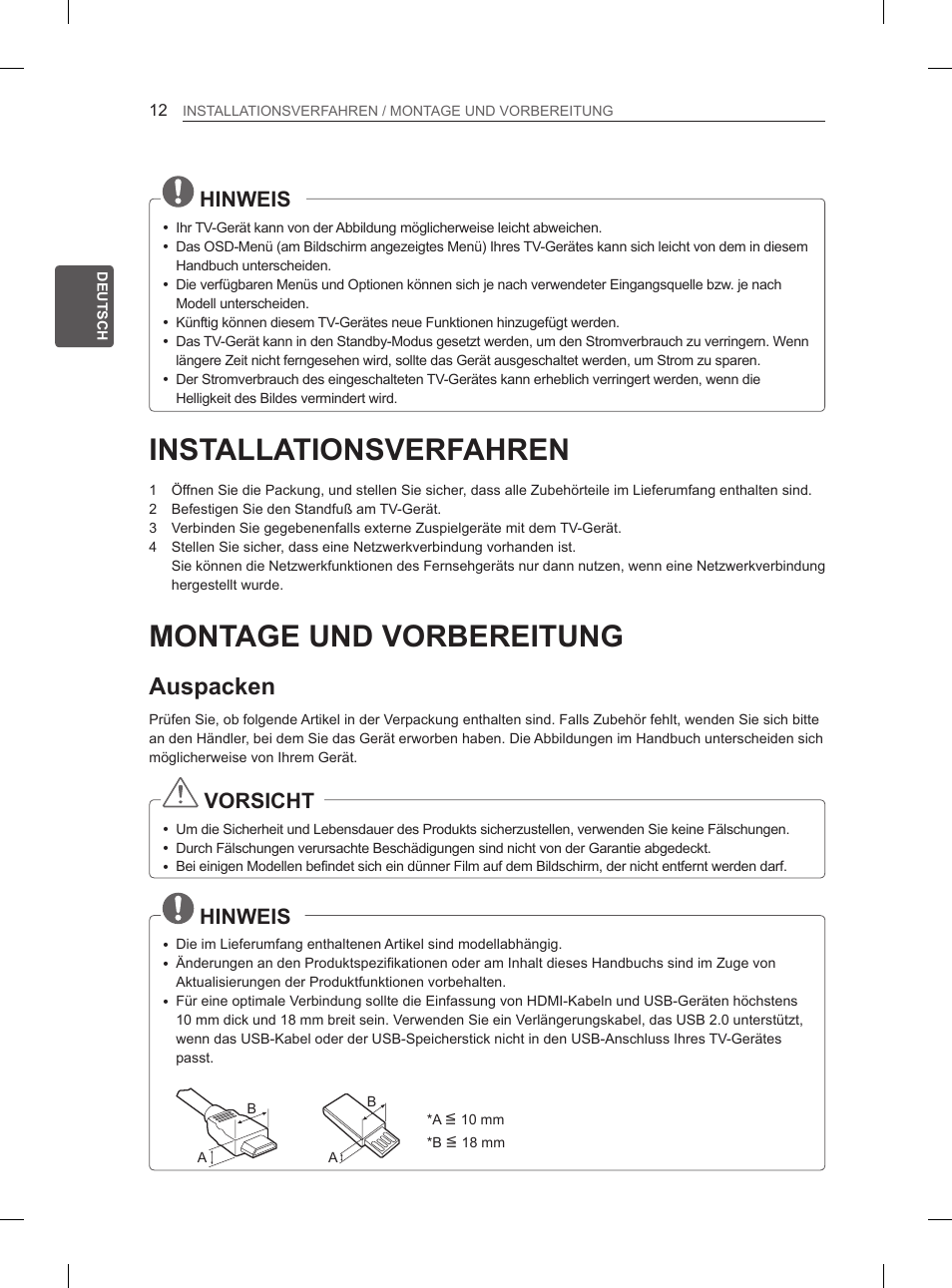 Installationsverfahren, Montage und vorbereitung, Auspacken | Hinweis, Vorsicht | LG 55LM615S User Manual | Page 42 / 261