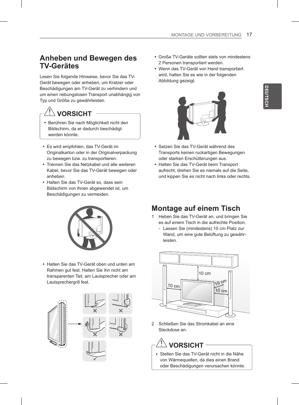 Anheben und bewegen des tv-gerätes, Montage auf einem tisch, Vorsicht | LG 55LM615S User Manual | Page 47 / 261