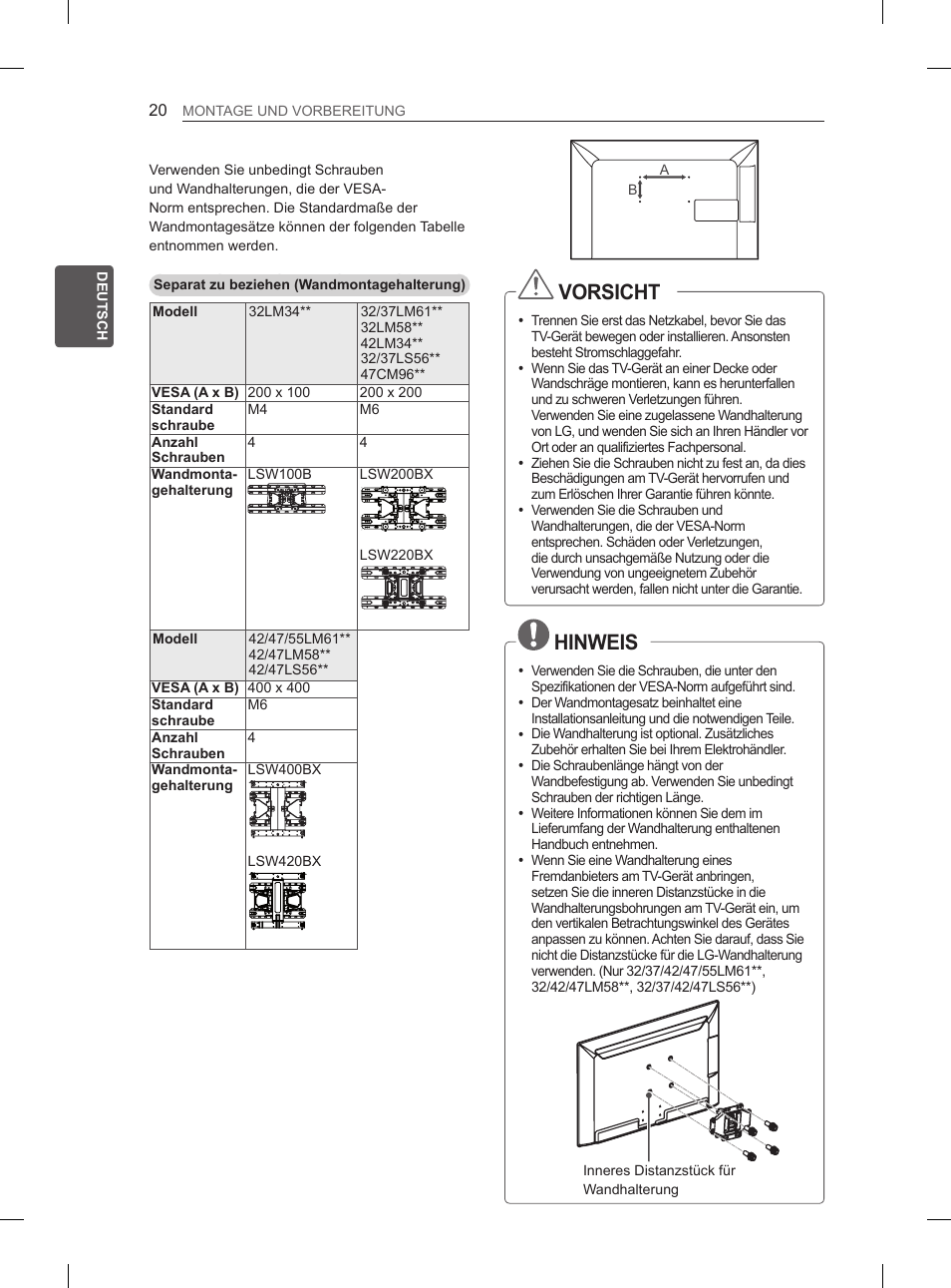 Vorsicht, Hinweis | LG 55LM615S User Manual | Page 50 / 261