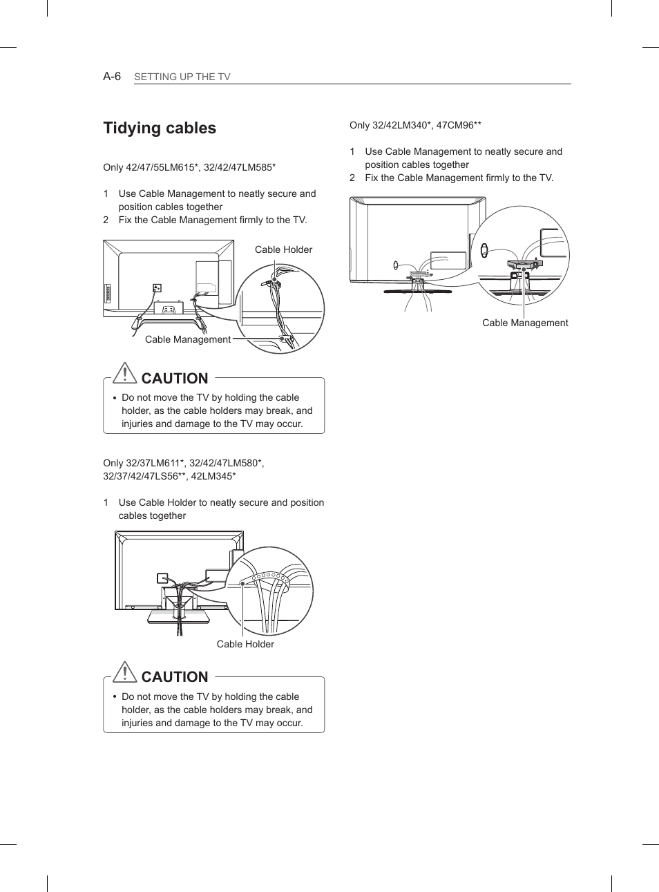 Tidying cables, Caution | LG 55LM615S User Manual | Page 6 / 261