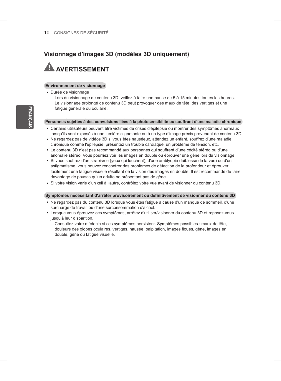 Avertissement, Visionnage d'images 3d (modèles 3d uniquement) | LG 55LM615S User Manual | Page 64 / 261