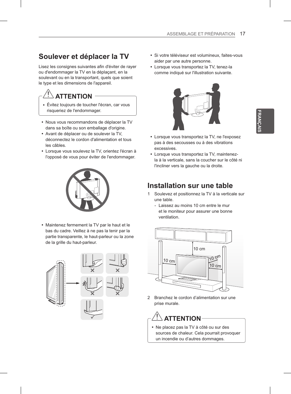 Soulever et déplacer la tv, Installation sur une table, Attention | LG 55LM615S User Manual | Page 71 / 261