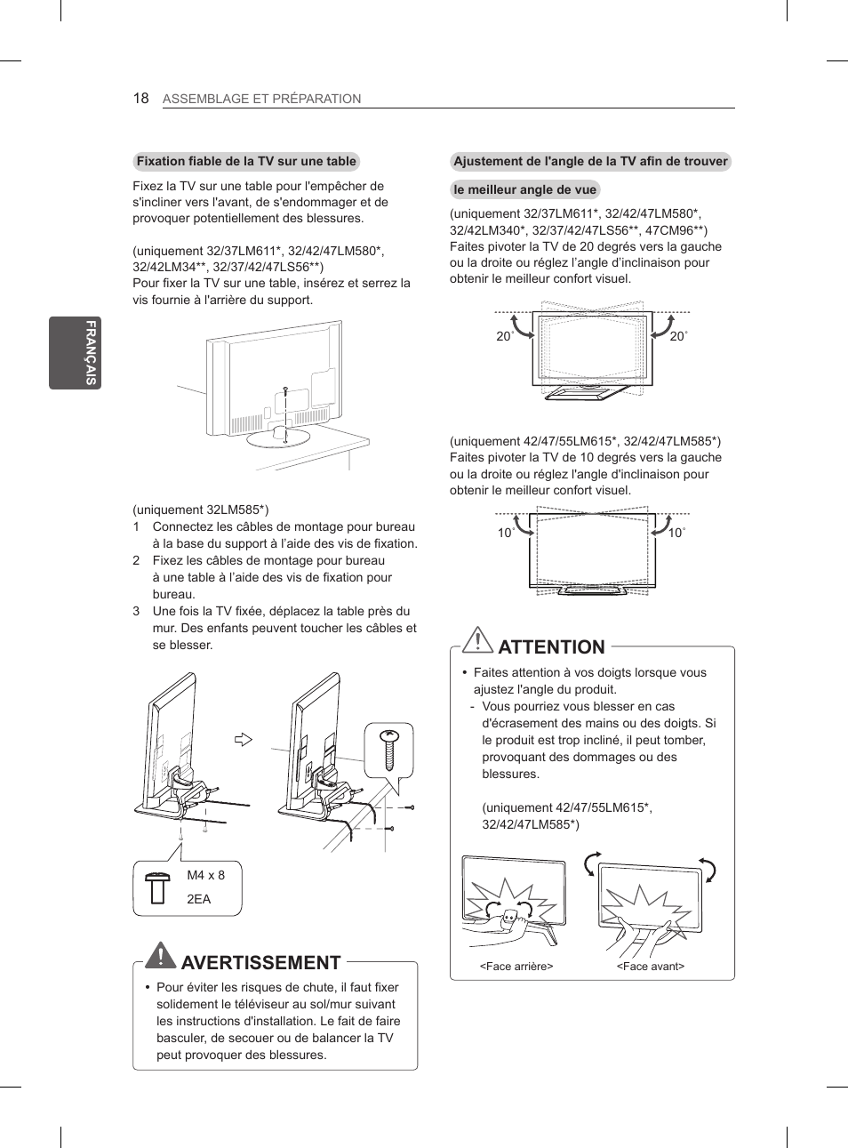 Avertissement, Attention | LG 55LM615S User Manual | Page 72 / 261