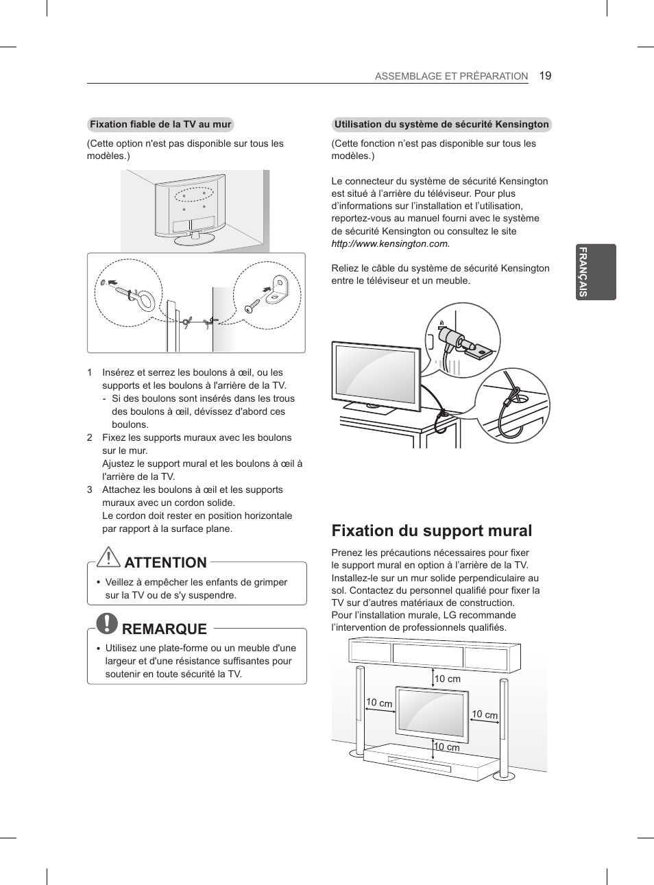 Fixation du support mural, Attention, Remarque | LG 55LM615S User Manual | Page 73 / 261