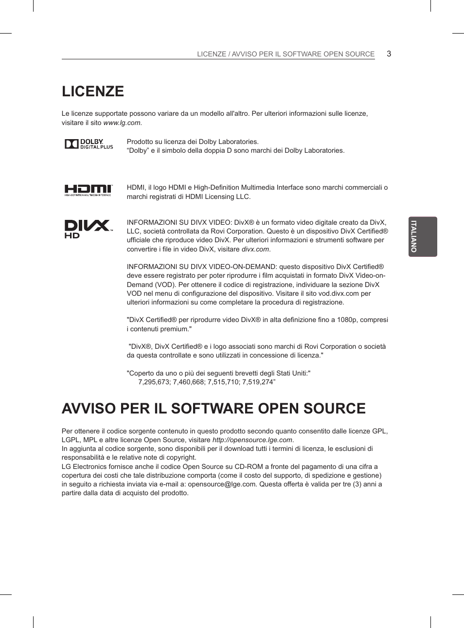 Licenze, Avviso per il software open source | LG 55LM615S User Manual | Page 81 / 261