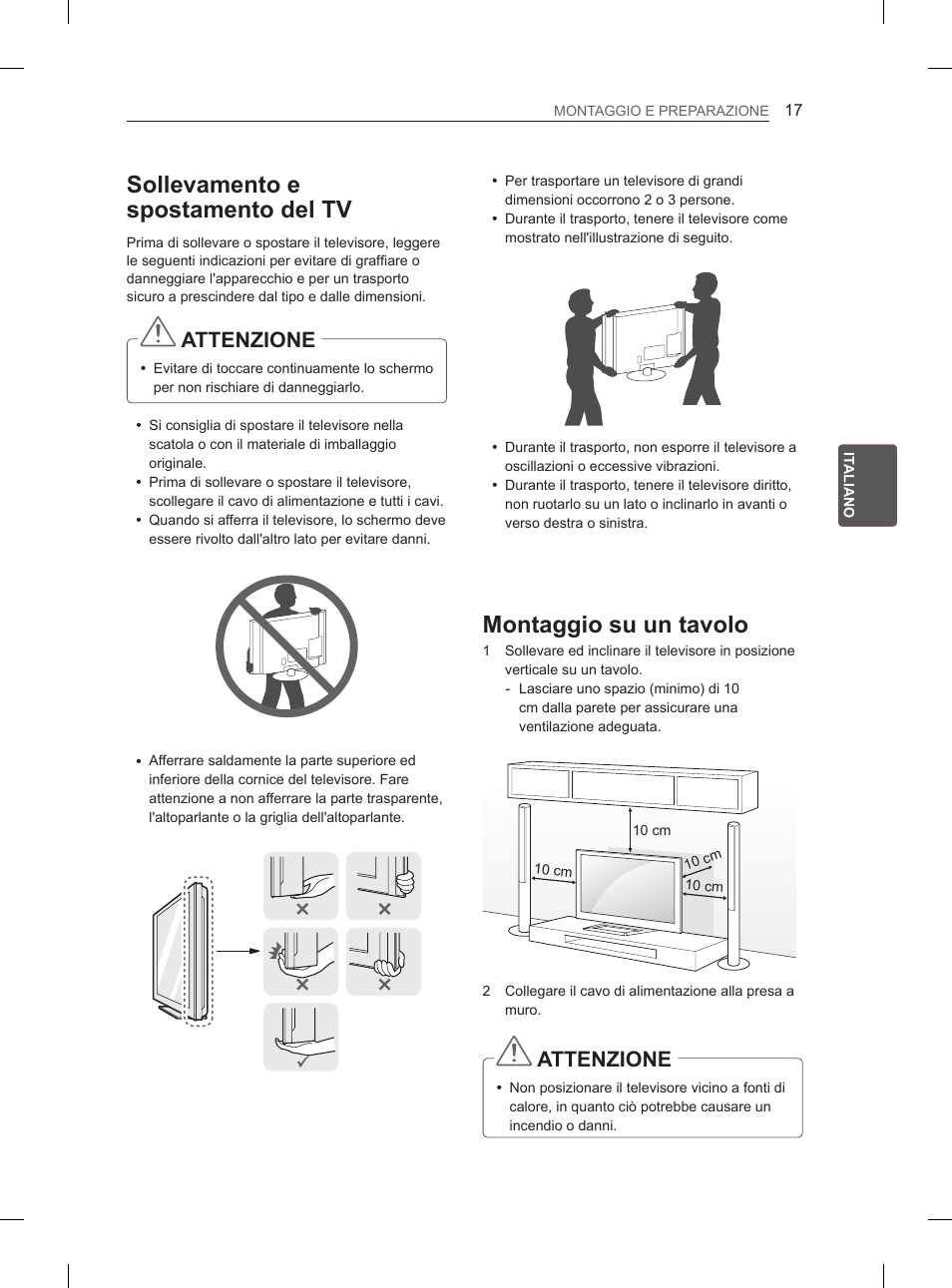 Sollevamento e spostamento del tv, Montaggio su un tavolo, Attenzione | LG 55LM615S User Manual | Page 95 / 261