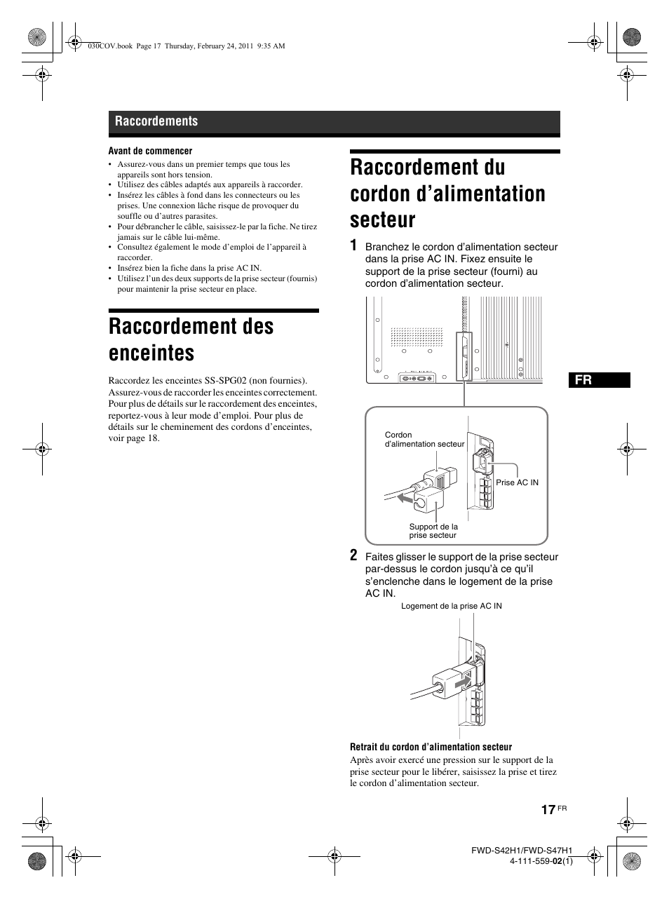 Raccordement des enceintes, Raccordement du cordon d’alimentation secteur, Raccordements | LG LS47F User Manual | Page 109 / 304