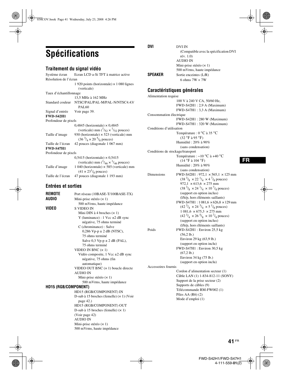 Spécifications, Traitement du signal vidéo, Entrées et sorties | Caractéristiques générales | LG LS47F User Manual | Page 133 / 304