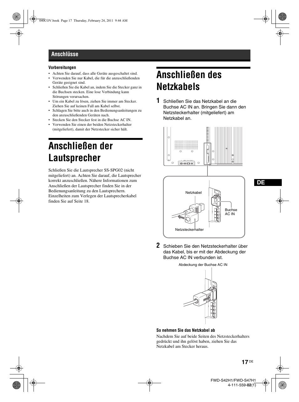 Anschließen der lautsprecher, Anschließen des netzkabels, Anschlüsse | LG LS47F User Manual | Page 151 / 304