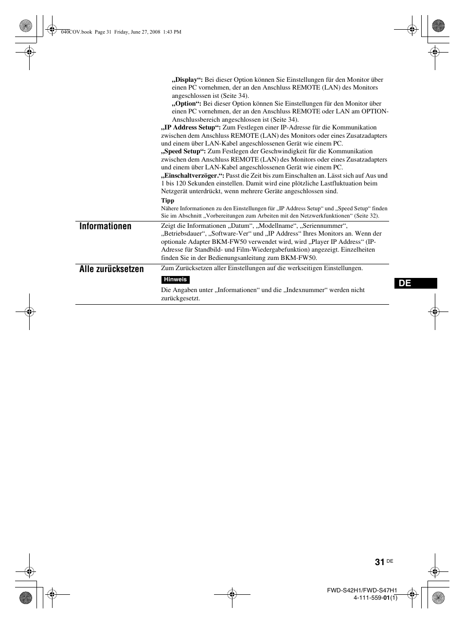 Informationen, Alle zurücksetzen | LG LS47F User Manual | Page 165 / 304