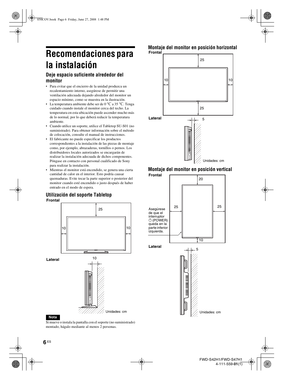 Recomendaciones para la instalación, Deje espacio suficiente alrededor del monitor | LG LS47F User Manual | Page 184 / 304