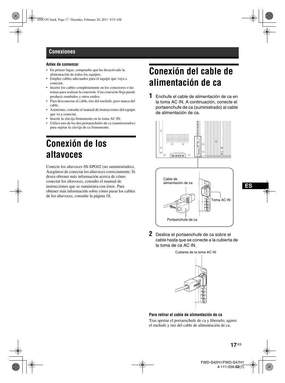 Conexión de los altavoces, Conexión del cable de alimentación de ca, Conexiones | LG LS47F User Manual | Page 195 / 304