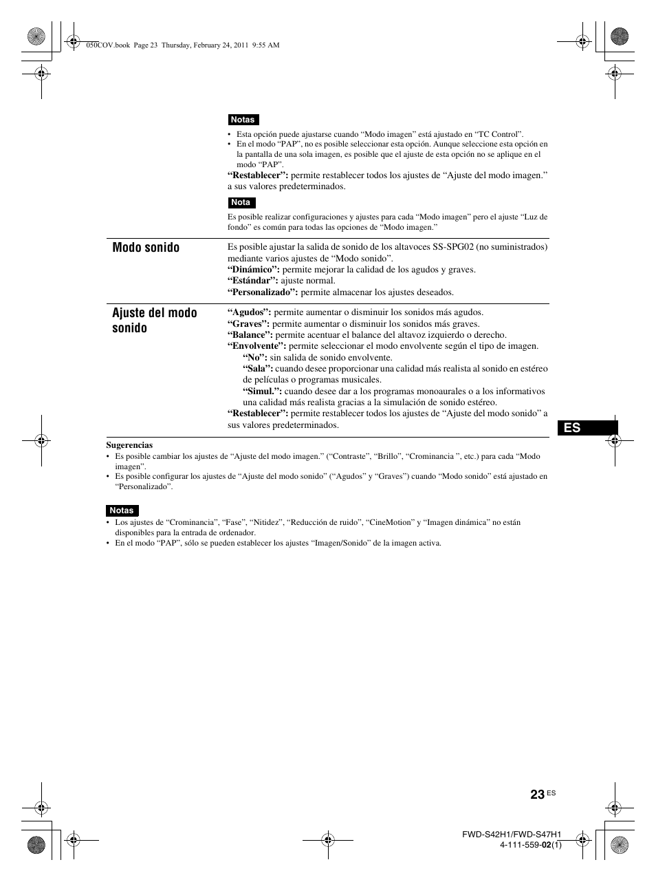 Modo sonido, Ajuste del modo sonido | LG LS47F User Manual | Page 201 / 304