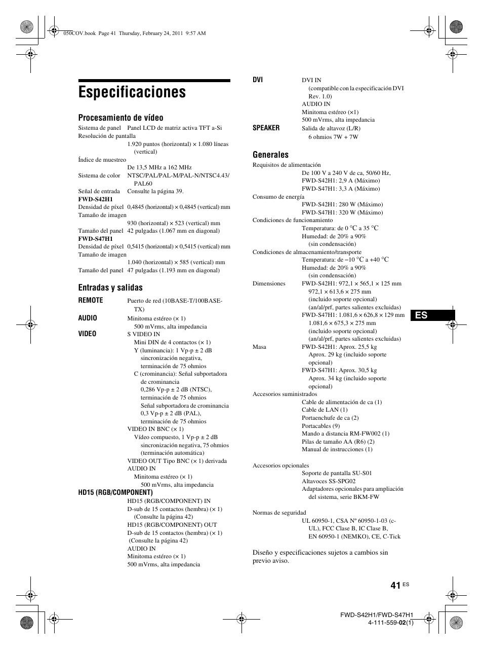 Especificaciones, Procesamiento de vídeo, Entradas y salidas | Generales | LG LS47F User Manual | Page 219 / 304