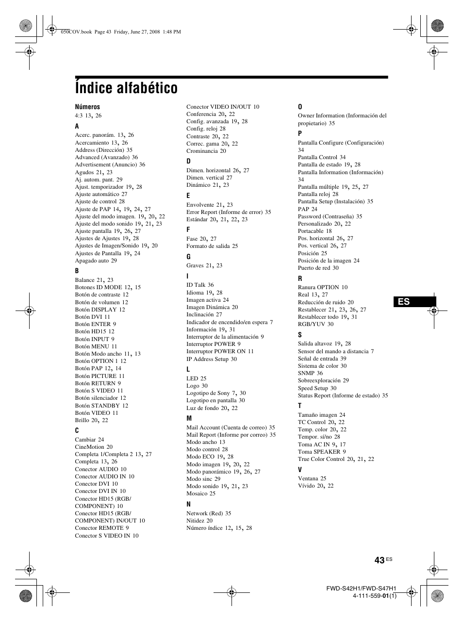 Índice alfabético | LG LS47F User Manual | Page 221 / 304