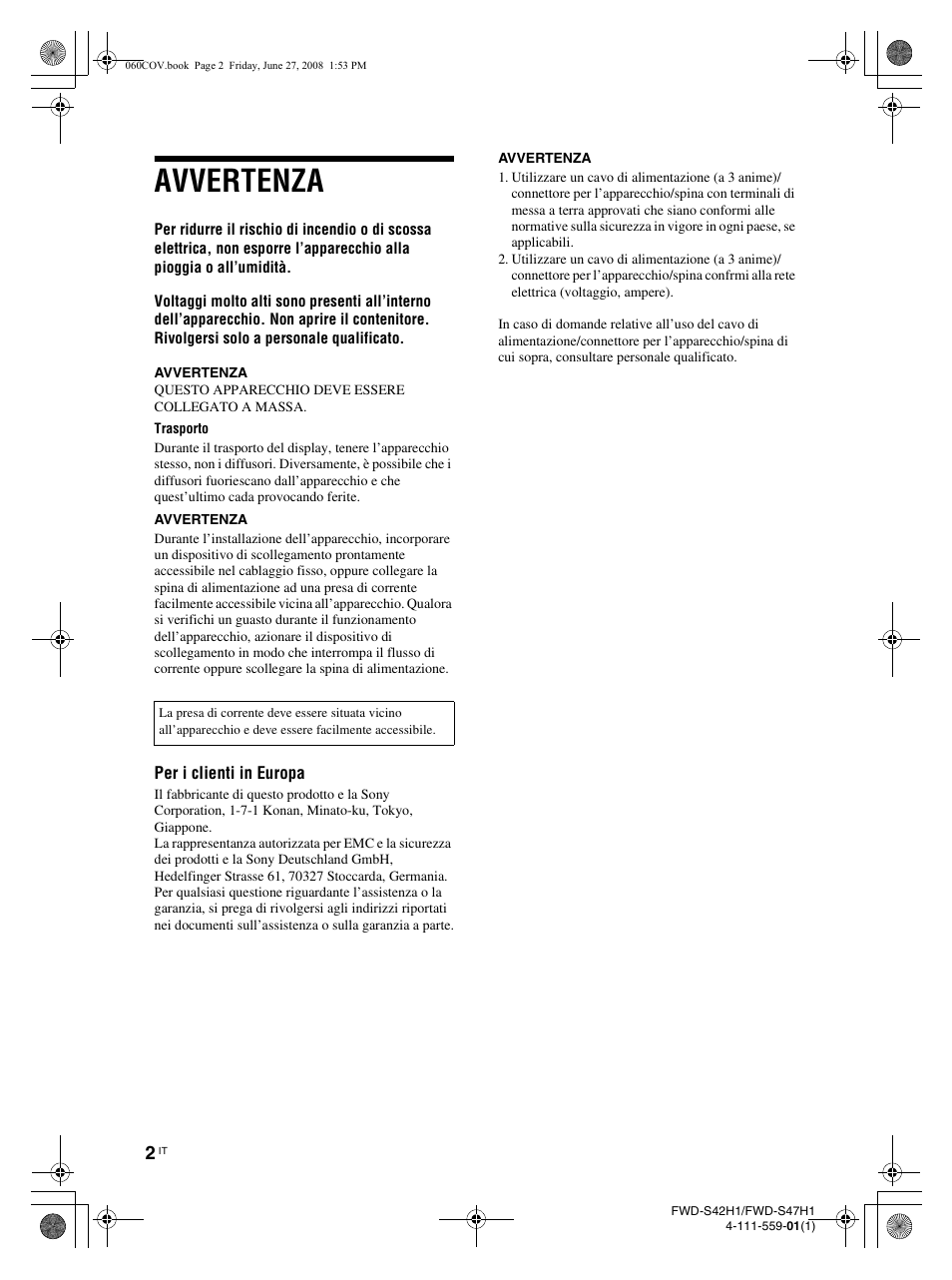 Avvertenza | LG LS47F User Manual | Page 222 / 304
