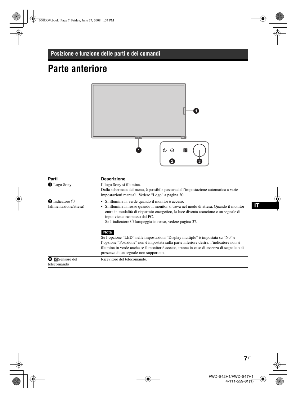Parte anteriore, Posizione e funzione delle parti e dei comandi | LG LS47F User Manual | Page 227 / 304