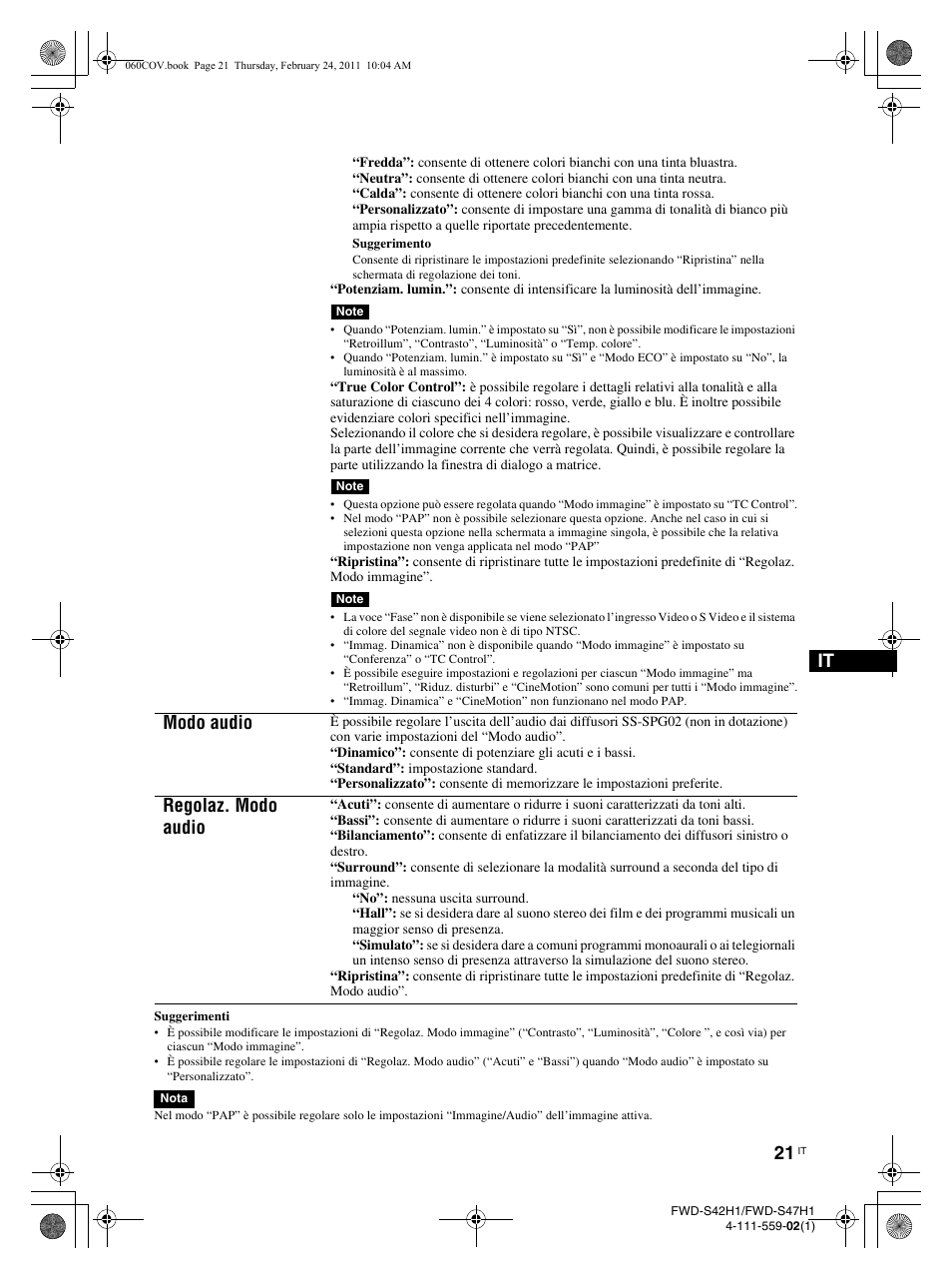 Modo audio, Regolaz. modo audio | LG LS47F User Manual | Page 241 / 304
