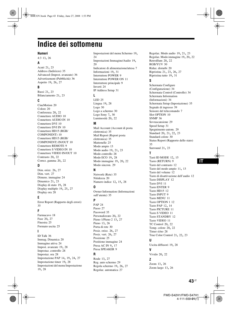 Indice dei sottomenu | LG LS47F User Manual | Page 263 / 304