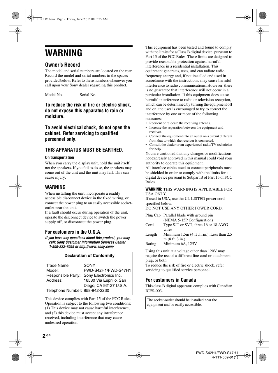 Warning, Owner’s record | LG LS47F User Manual | Page 50 / 304