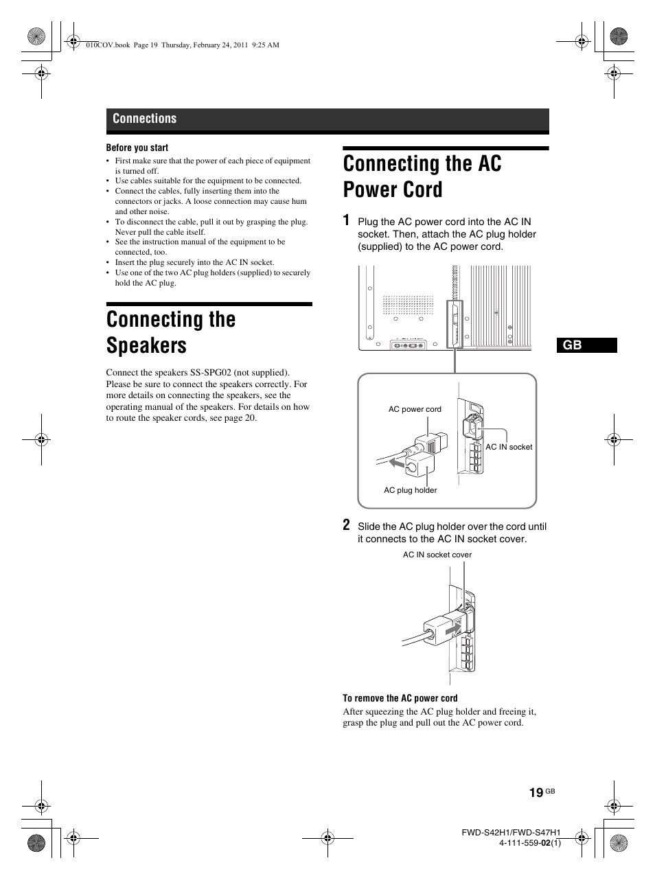 Connecting the speakers, Connecting the ac power cord, Connections | LG LS47F User Manual | Page 67 / 304