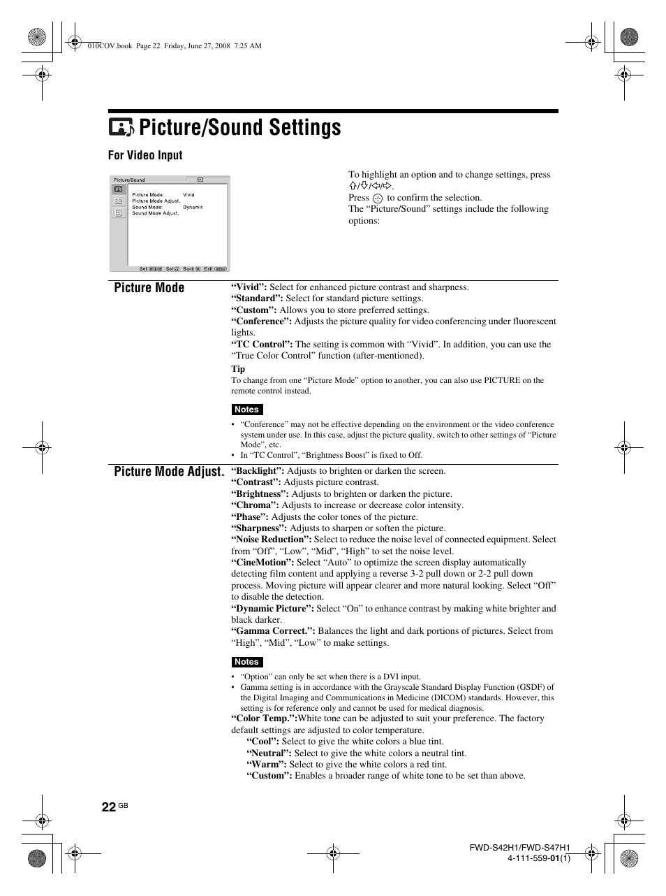 Picture/sound settings, Picture mode, Picture mode adjust | LG LS47F User Manual | Page 70 / 304