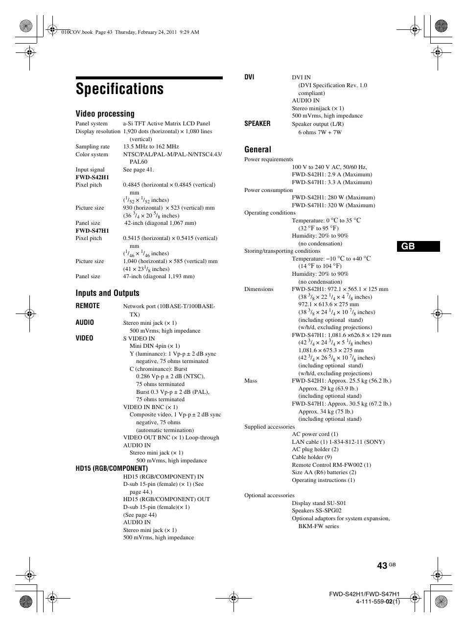 Specifications, Video processing, Inputs and outputs | General | LG LS47F User Manual | Page 91 / 304