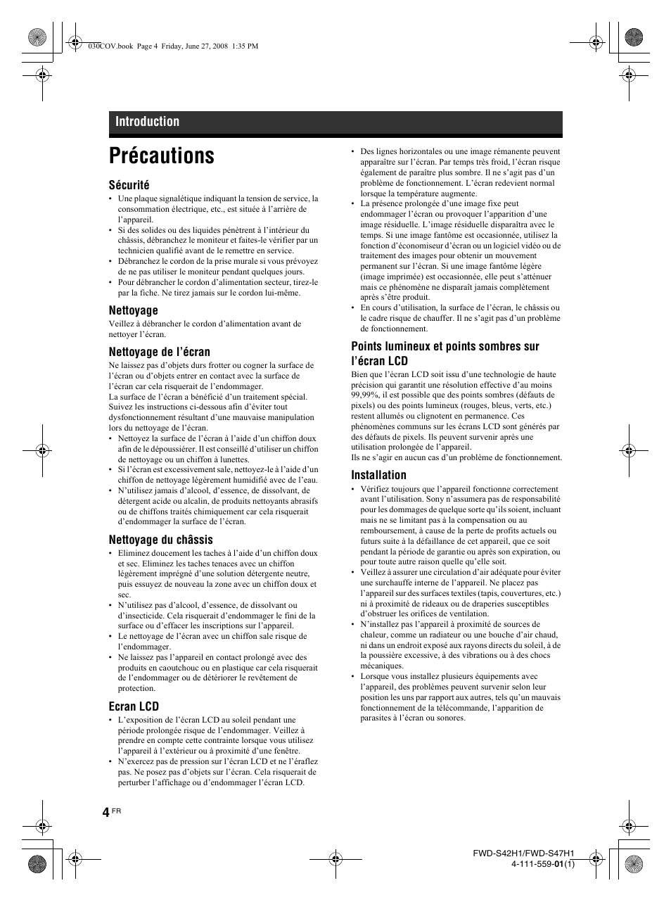 Précautions, Introduction, Sécurité | Nettoyage, Nettoyage de l’écran, Nettoyage du châssis, Ecran lcd, Points lumineux et points sombres sur l’écran lcd, Installation | LG LS47F User Manual | Page 96 / 304