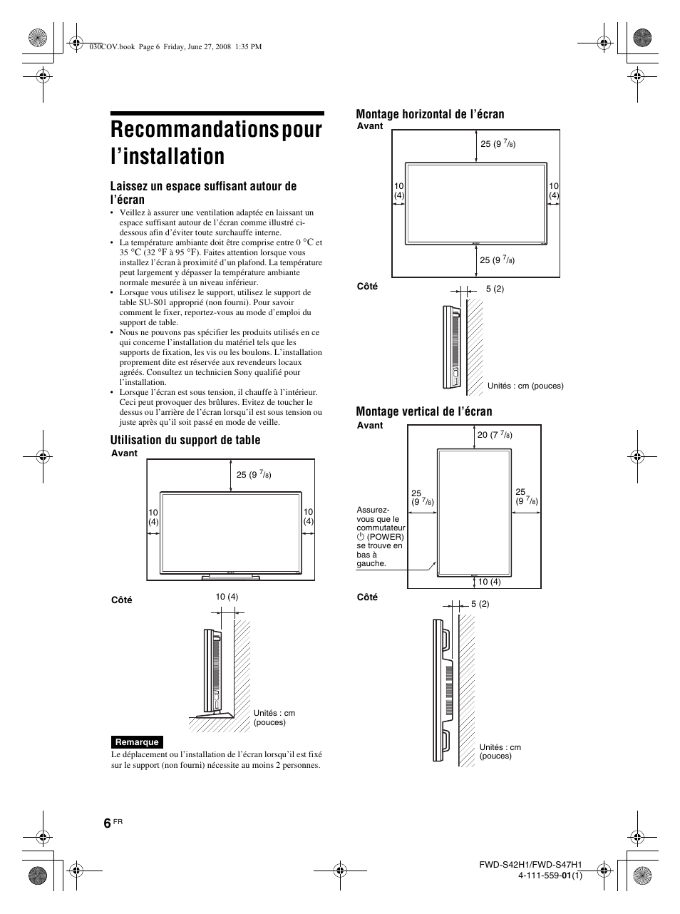 Recommandations pour l’installation, Laissez un espace suffisant autour de l’écran | LG LS47F User Manual | Page 98 / 304