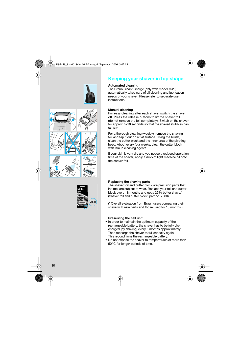 Keeping your shaver in top shape | Braun 7505 Syncro  DE User Manual | Page 10 / 63