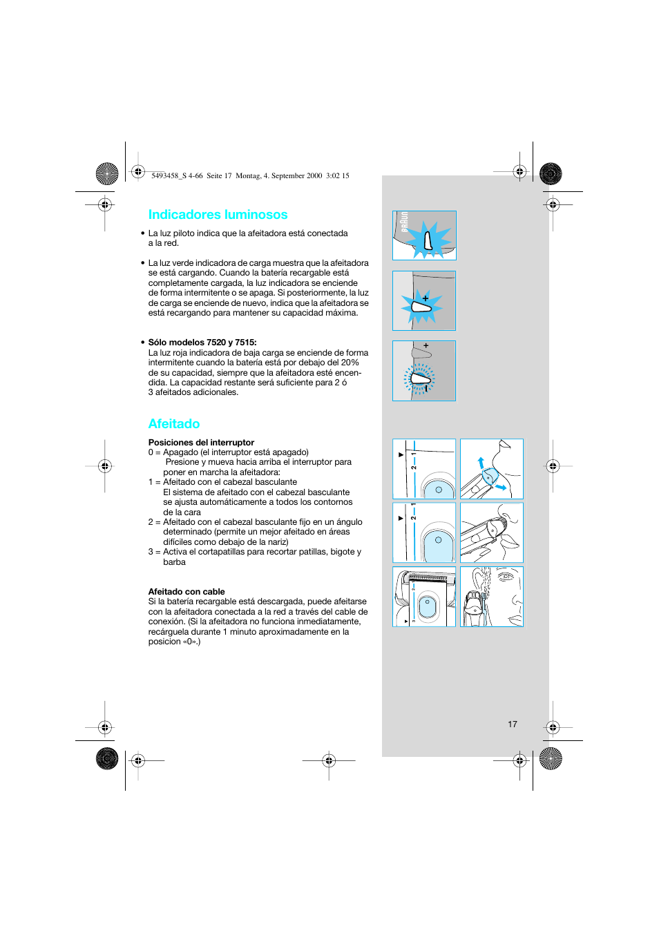 Indicadores luminosos, Afeitado | Braun 7505 Syncro  DE User Manual | Page 17 / 63