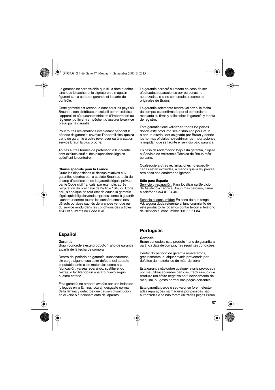Español, Português | Braun 7505 Syncro  DE User Manual | Page 57 / 63