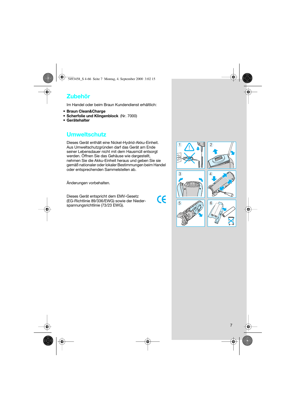 Zubehör, Umweltschutz | Braun 7505 Syncro  DE User Manual | Page 7 / 63