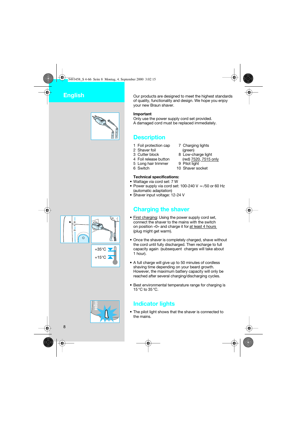 English, Description, Charging the shaver | Indicator lights | Braun 7505 Syncro  DE User Manual | Page 8 / 63