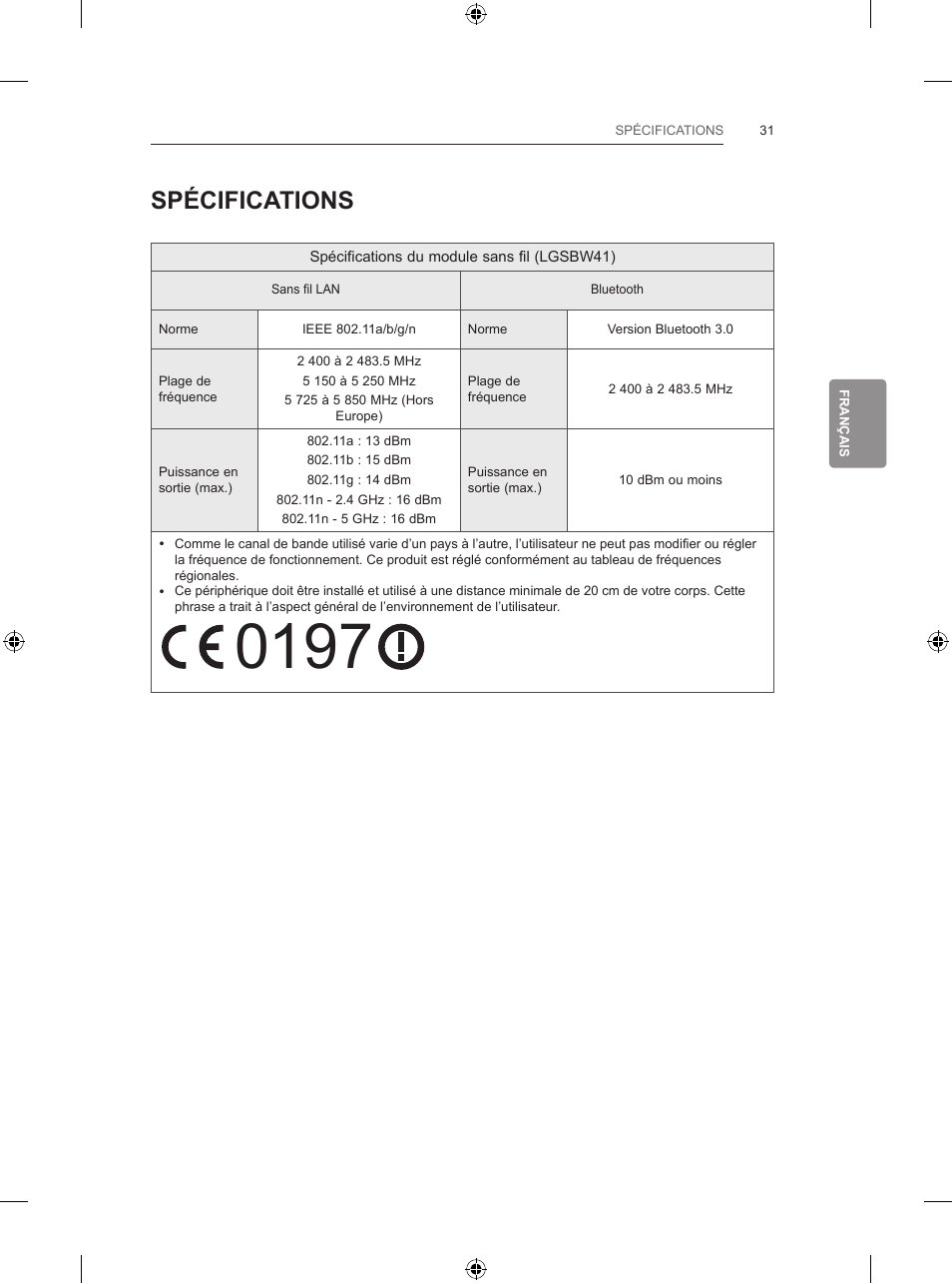 Spécifications | LG 42LB700V User Manual | Page 143 / 360