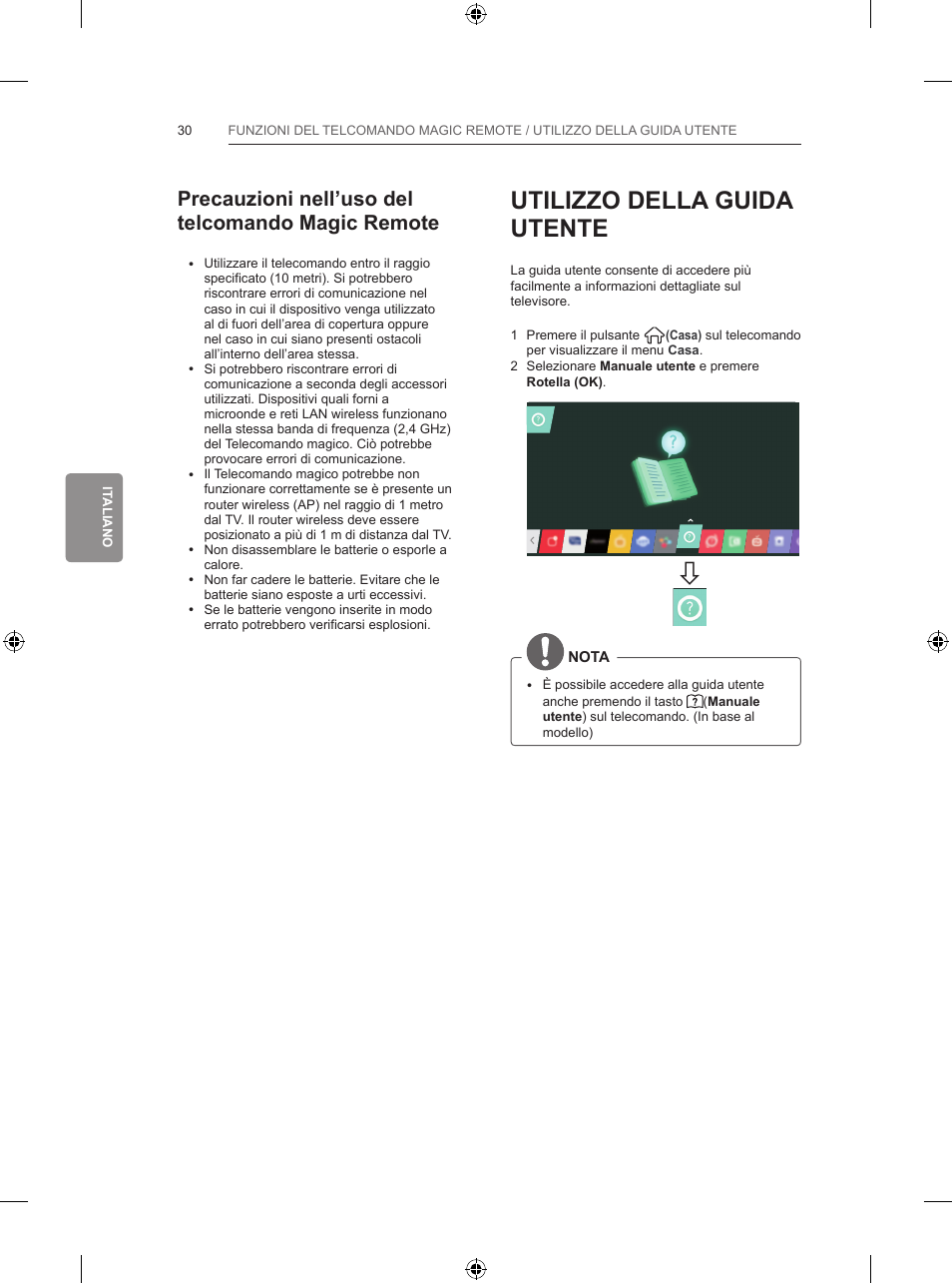 Utilizzo della guida utente, Precauzioni nell’uso del telcomando magic remote | LG 42LB700V User Manual | Page 174 / 360