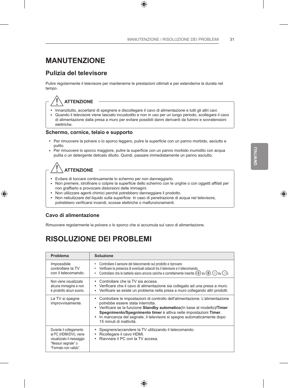 Manutenzione, Risoluzione dei problemi, Pulizia del televisore | LG 42LB700V User Manual | Page 175 / 360