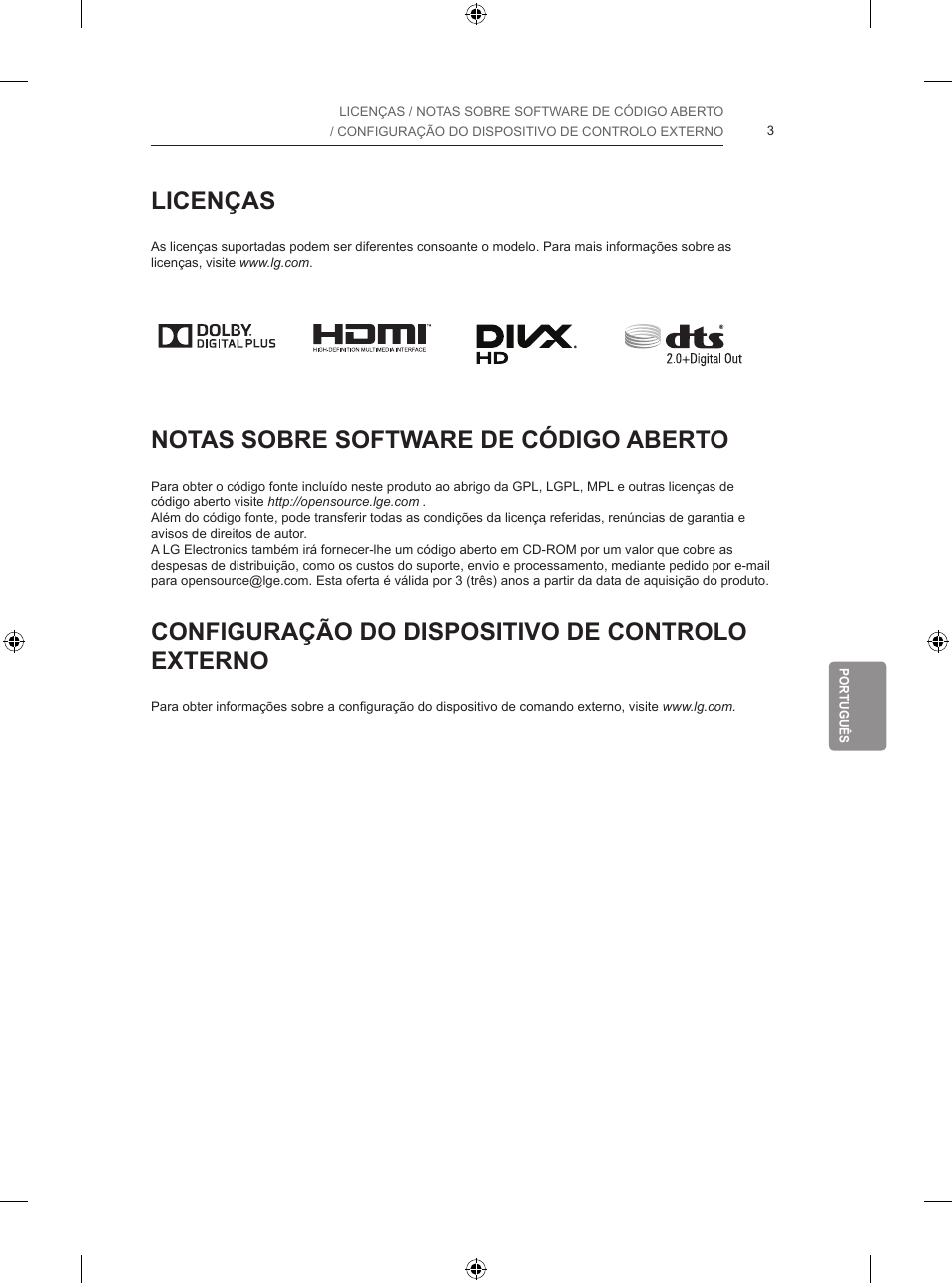 Licenças, Notas sobre software de código aberto, Configuração do dispositivo de controlo externo | LG 42LB700V User Manual | Page 223 / 360
