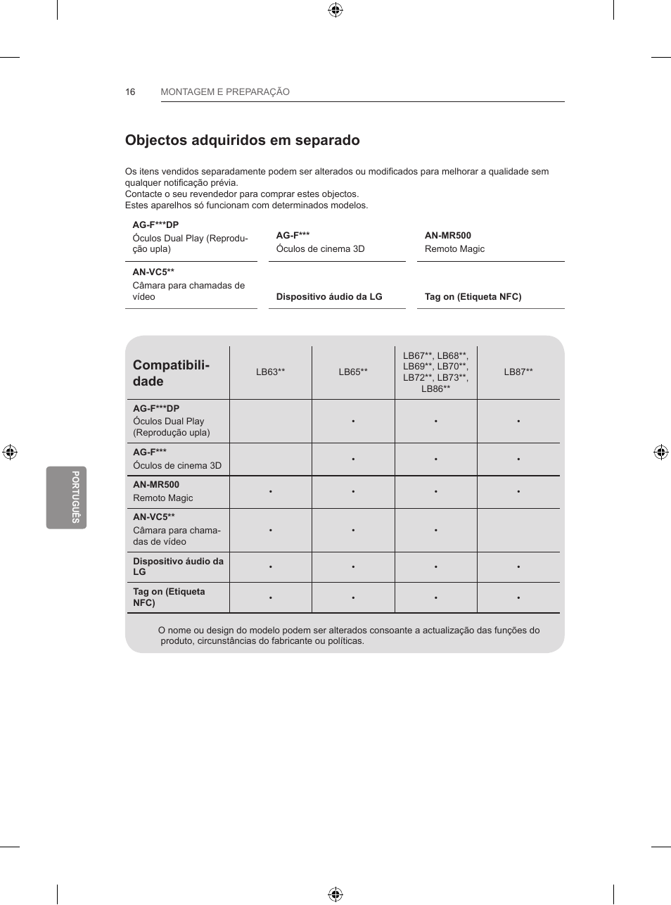 Objectos adquiridos em separado, Compatibili- dade | LG 42LB700V User Manual | Page 236 / 360