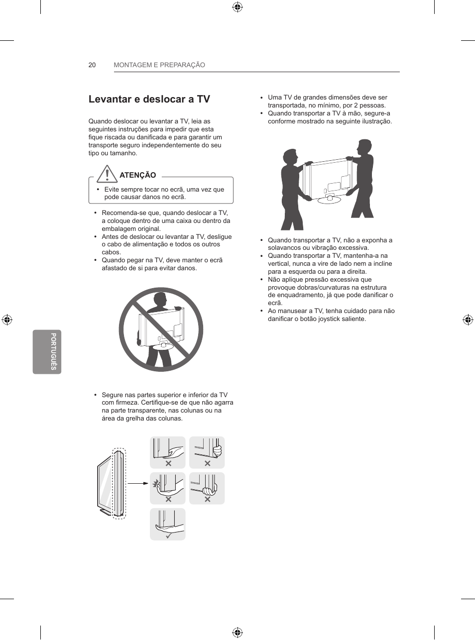 Levantar e deslocar a tv | LG 42LB700V User Manual | Page 240 / 360