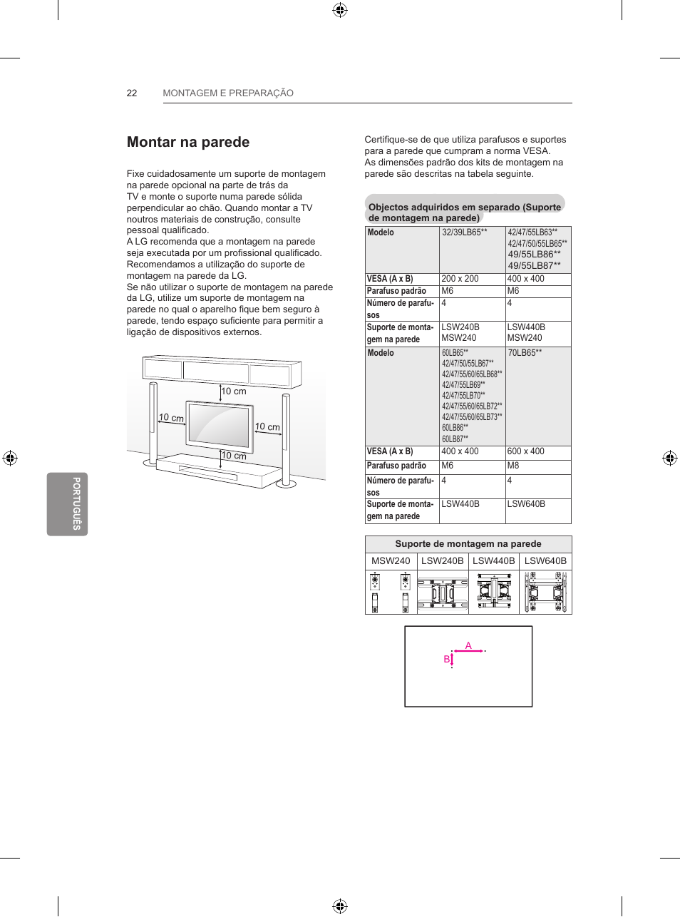 Montar na parede | LG 42LB700V User Manual | Page 242 / 360