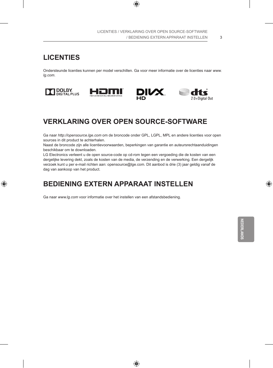 Licenties, Verklaring over open source-software, Bediening extern apparaat instellen | LG 42LB700V User Manual | Page 255 / 360
