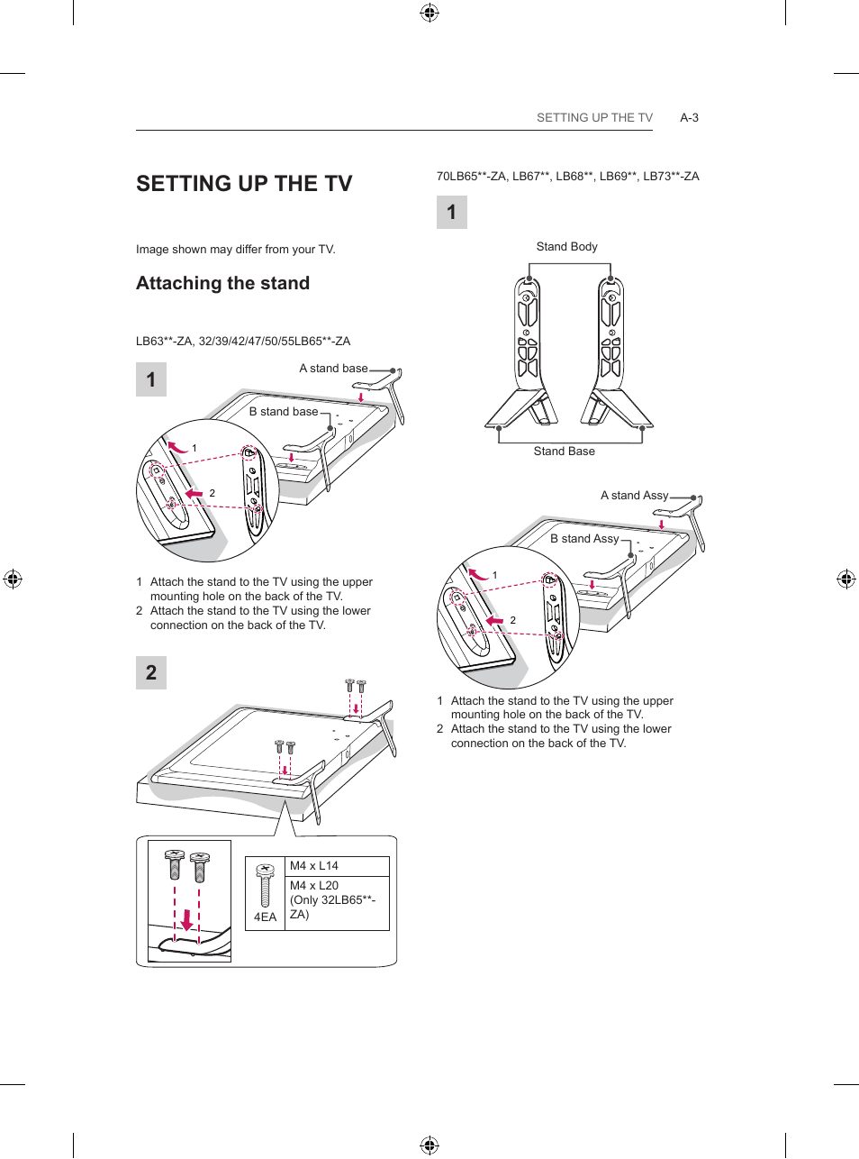 Setting up the tv, Attaching the stand | LG 42LB700V User Manual | Page 3 / 360