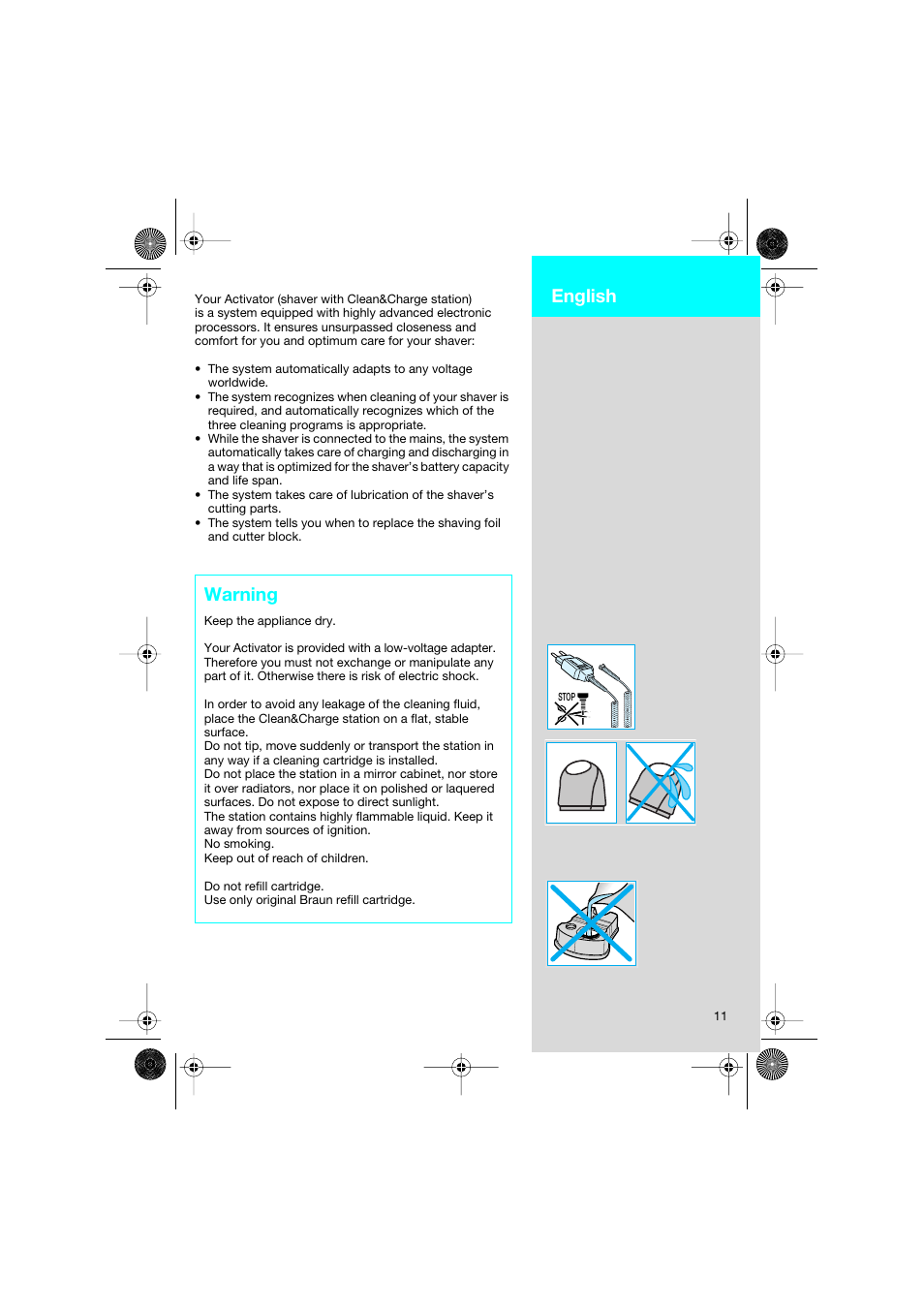 Warning, English | Braun 8595 Activator  EU User Manual | Page 11 / 99