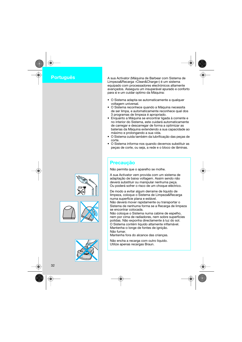 Precaução, Português | Braun 8595 Activator  EU User Manual | Page 32 / 99